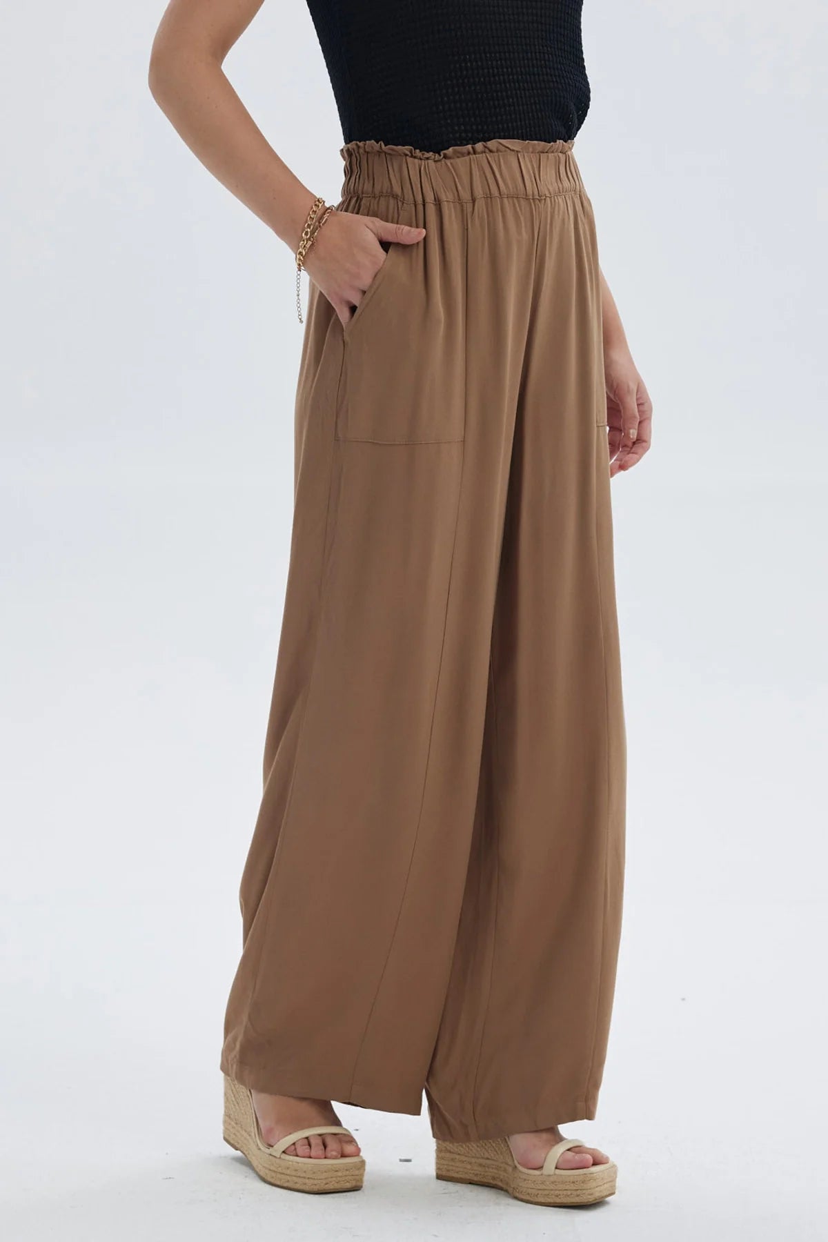 Pantalón Mujer Palazzo Liso Pretina Elasticada Café Oscuro