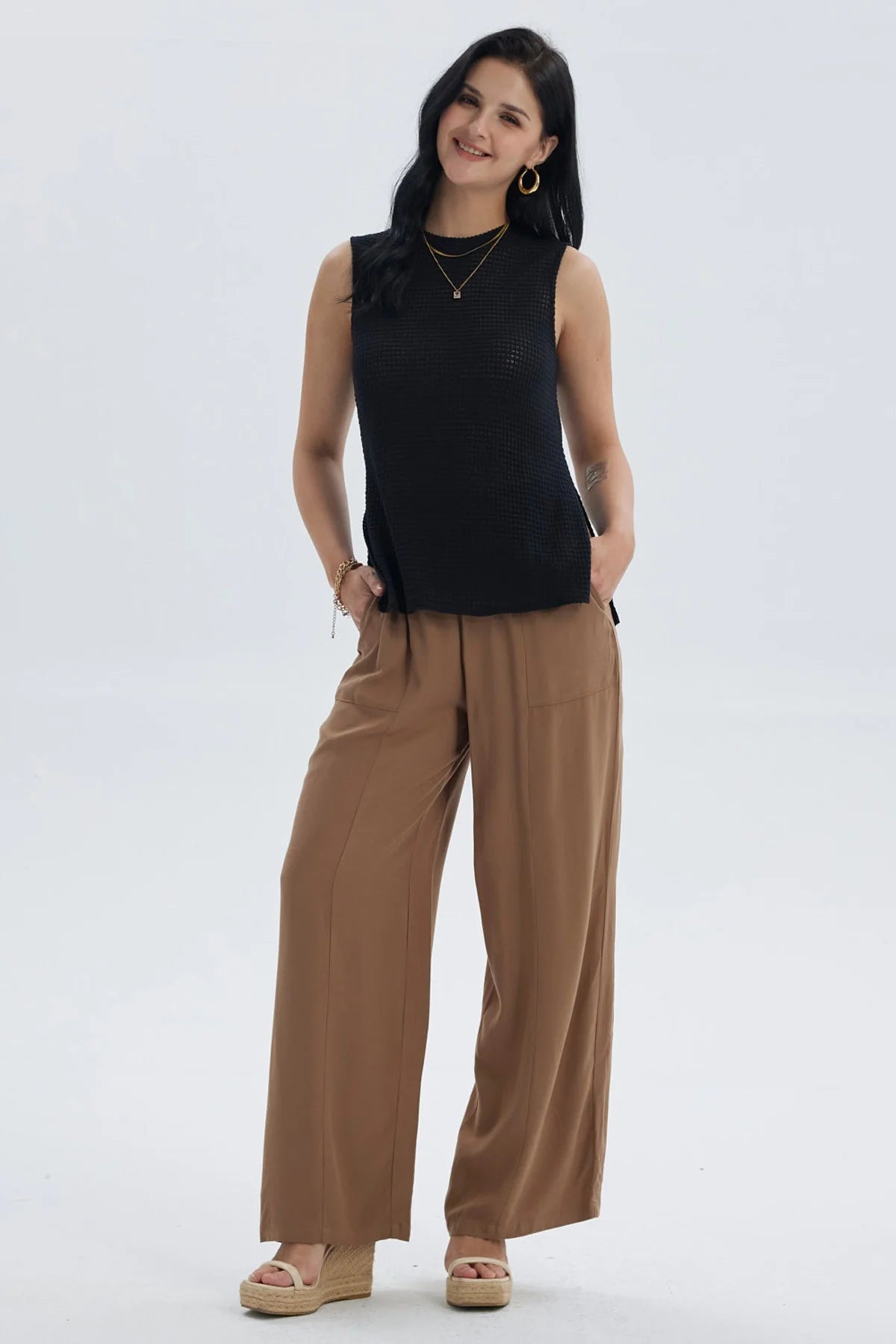 Pantalón Mujer Palazzo Liso Pretina Elasticada Café Oscuro