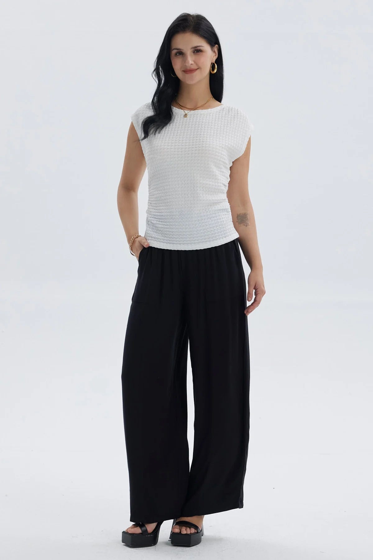Pantalón Mujer Palazzo Liso Pretina Elasticada Negro