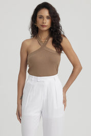 Polera Mujer Cruzado Rib Café Claro