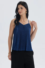 Polera Mujer Pabilo Plisada Lisa Azul Oscuro