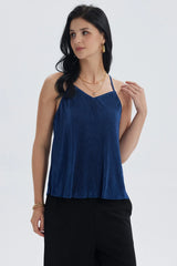 Polera Mujer Pabilo Plisada Lisa Azul Oscuro