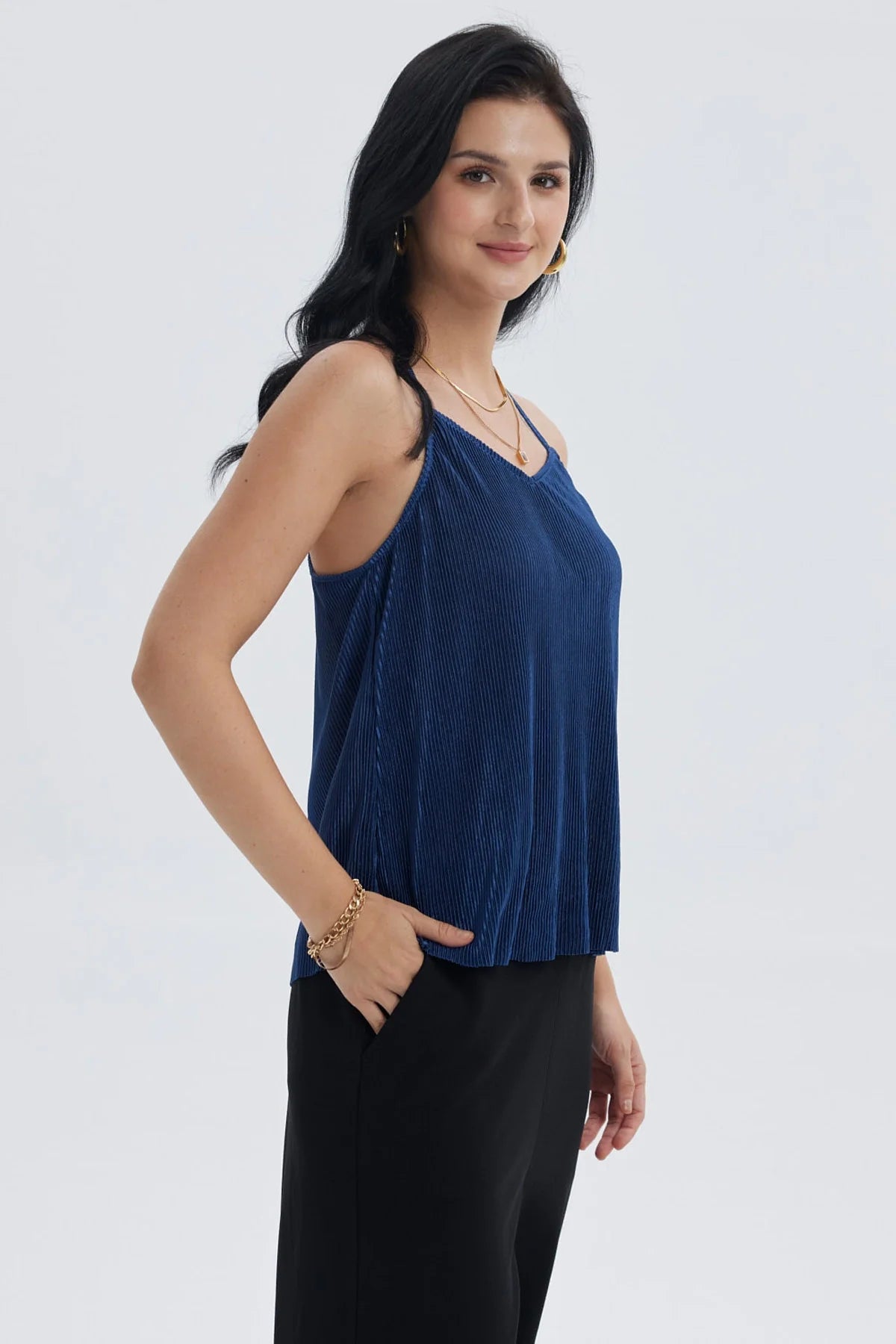 Polera Mujer Pabilo Plisada Lisa Azul Oscuro