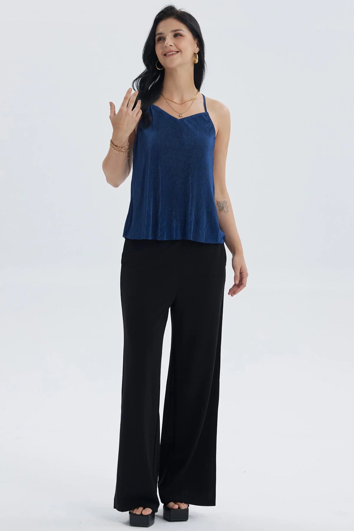 Polera Mujer Pabilo Plisada Lisa Azul Oscuro