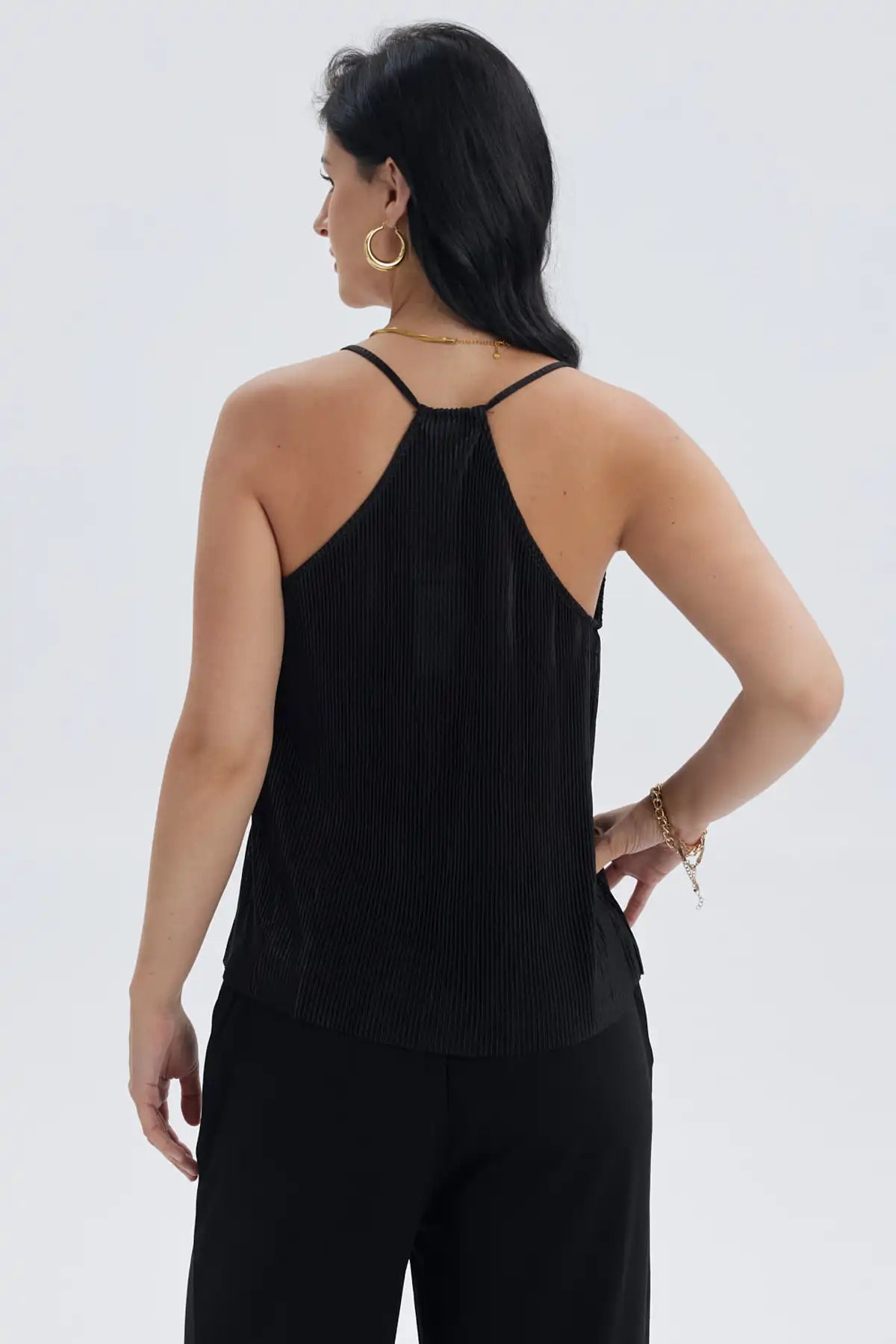 Polera Mujer Pabilo Plisada Lisa Negro