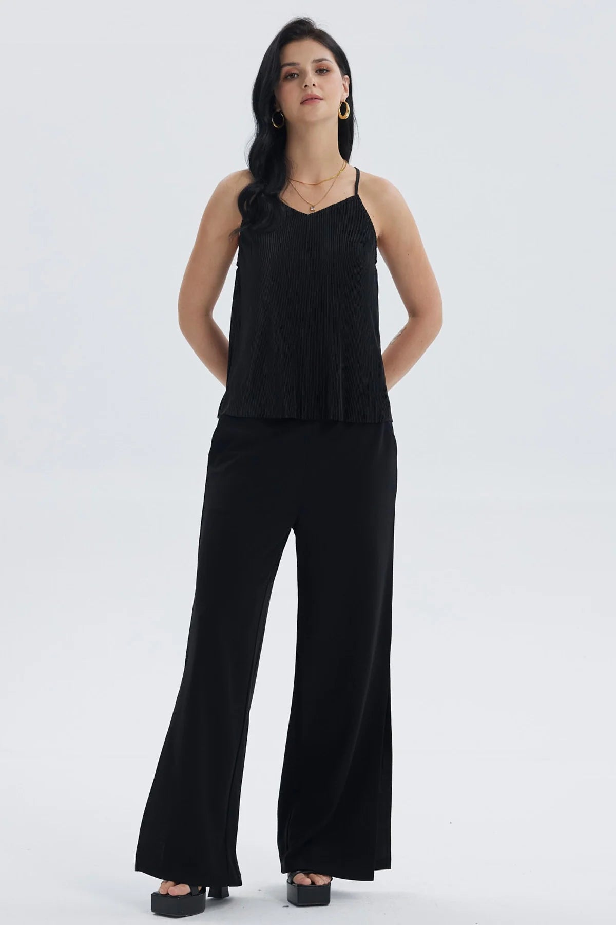 Polera Mujer Pabilo Plisada Lisa Negro