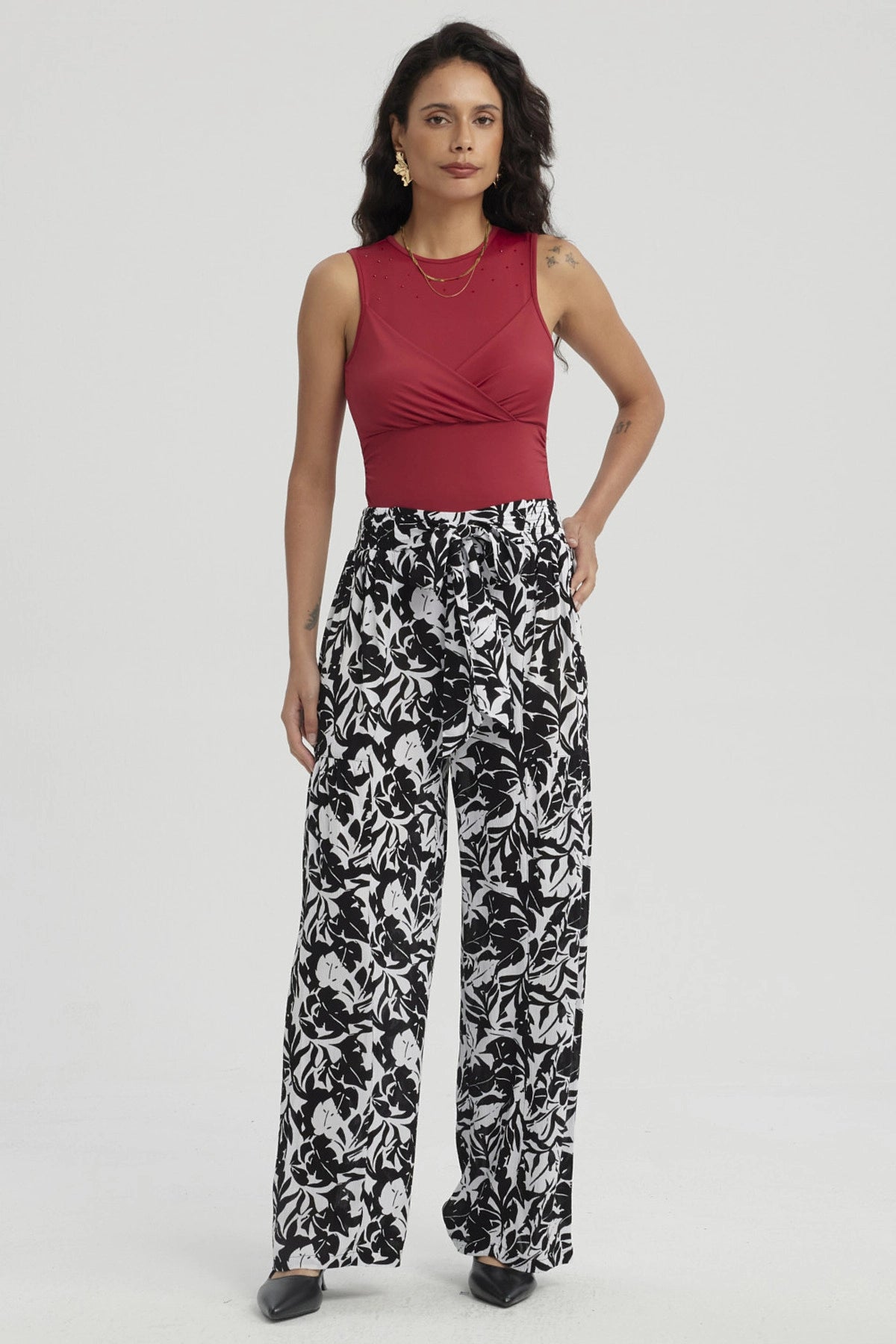 Polera Mujer Con Malla Superior Rojo Oscuro