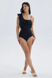 Traje de baño mujer entero negro con vuelo y tirantes finos