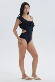 Traje de baño mujer entero negro con vuelo y tirantes finos