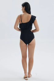 Traje de baño mujer entero negro con vuelo y tirantes finos