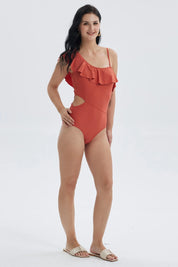 Traje de baño entero rojo con vuelo en un hombro y detalles modernos