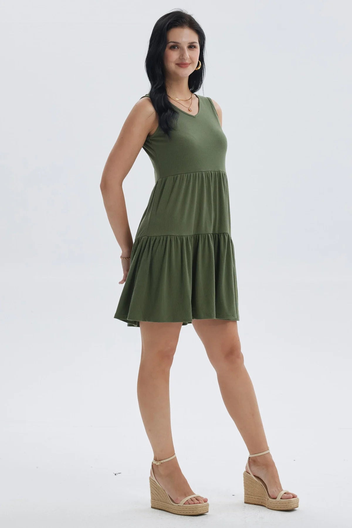 Vestido Mujer Liso Rib Con Corte Verde Musgo