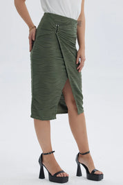 Falda Mujer Midi Cruzada Con Textura Verde Musgo