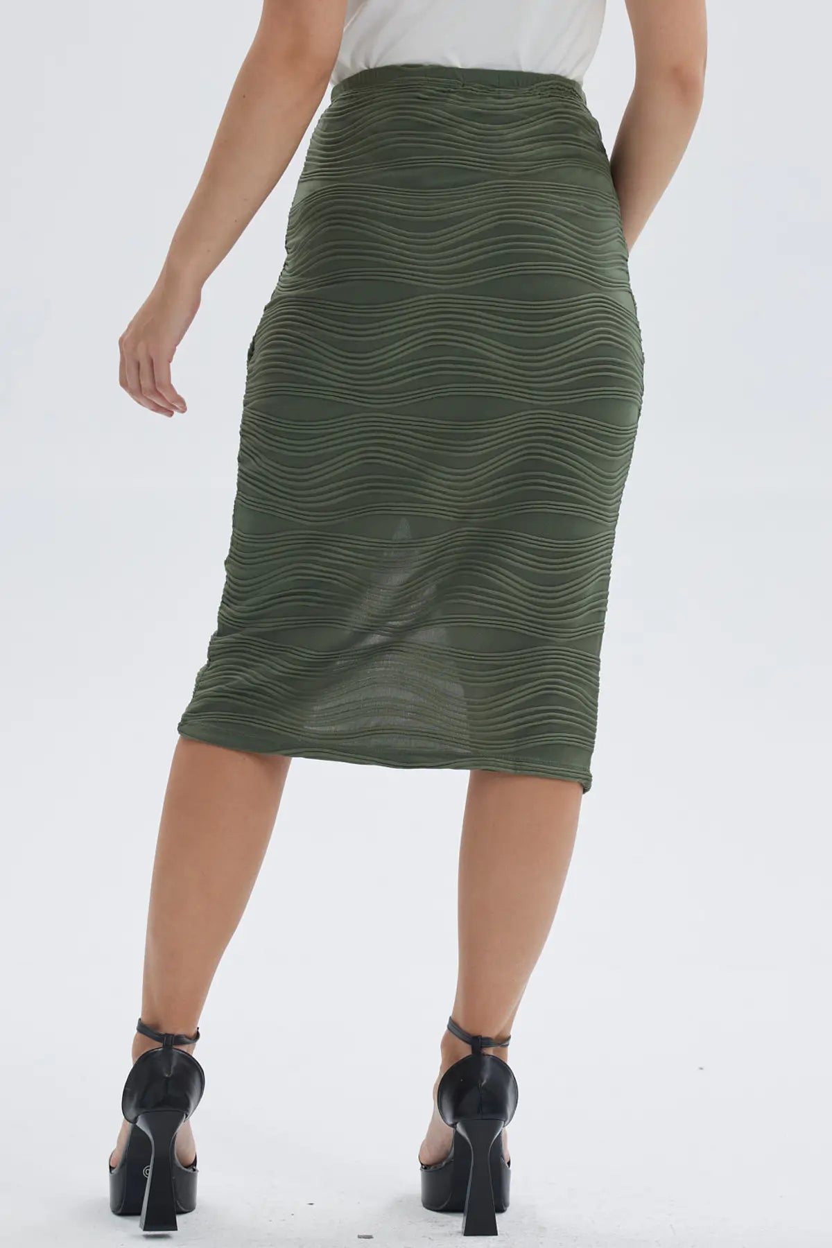 Falda Mujer Midi Cruzada Con Textura Verde Musgo