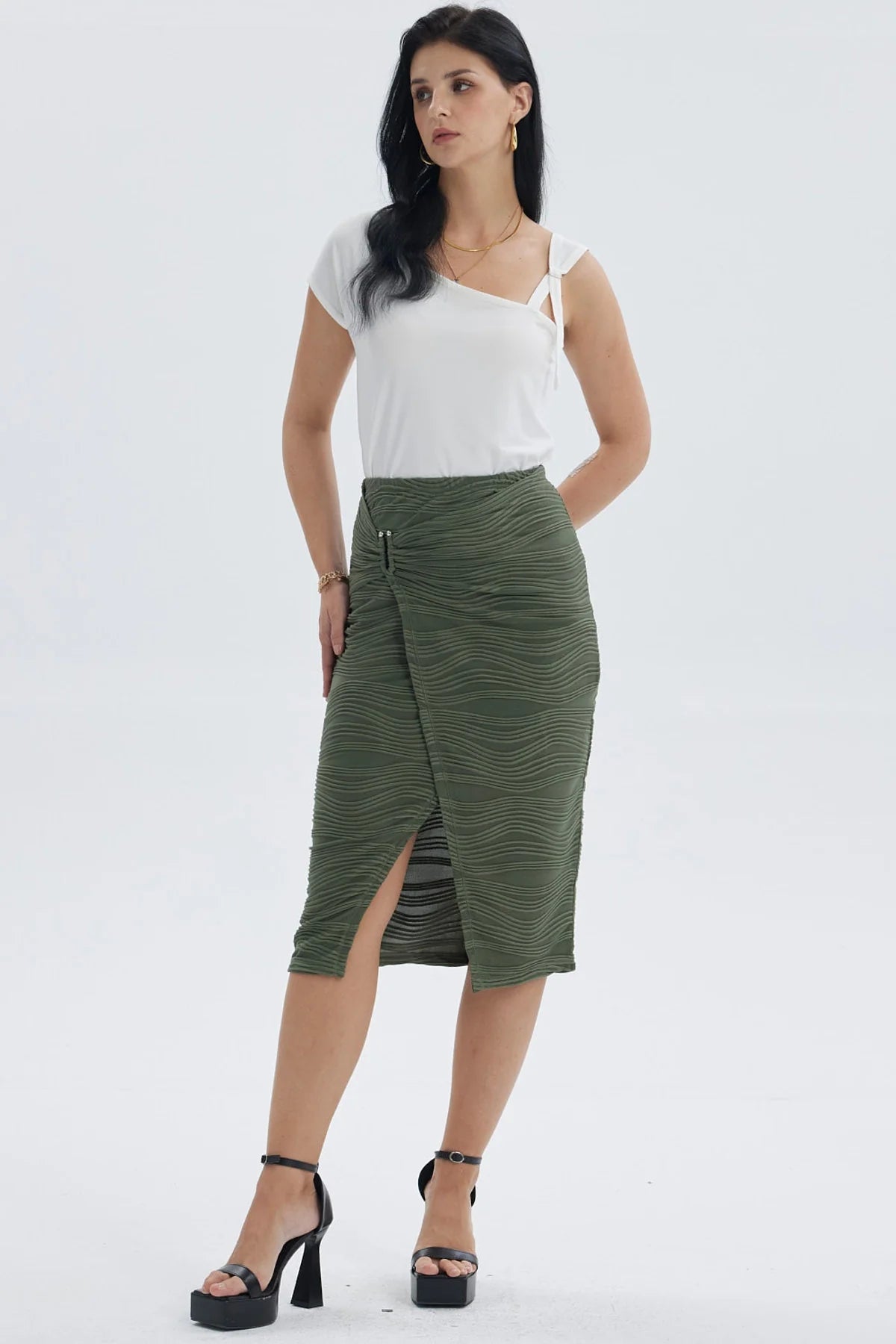 Falda Mujer Midi Cruzada Con Textura Verde Musgo