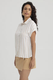 Blusa Mujer Rayada Abotonada Camel