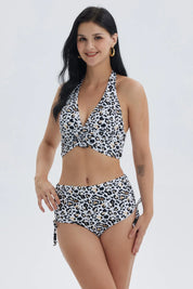 Traje de baño mujer blanco con estampado de leopardo y escote en V