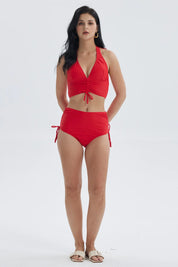 Traje de baño rojo para mujer con escote en V y detalles de ajuste en cintura