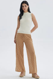 Pantalón Mujer Calado Abertura Pierna Camel