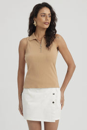 Polera Mujer Rib Medio Cierre Camel