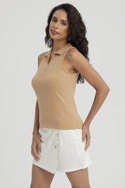 Polera Mujer Rib Medio Cierre Camel