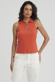 Polera Mujer Rib Medio Cierre Naranjo Oscuro