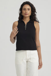 Polera Mujer Rib Medio Cierre Negro