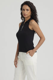 Polera Mujer Rib Medio Cierre Negro