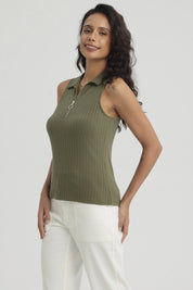 Polera Mujer Rib Medio Cierre Verde Musgo