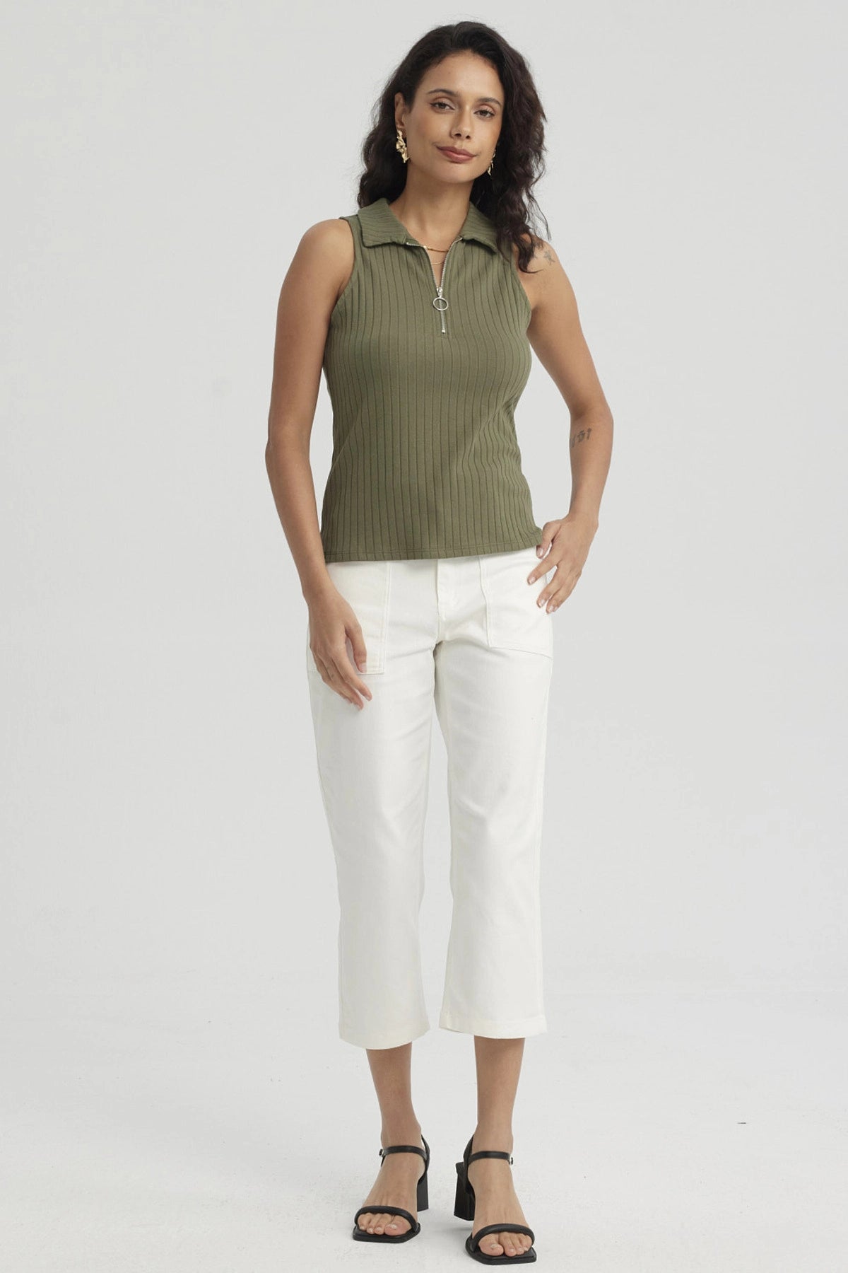 Polera Mujer Rib Medio Cierre Verde Musgo