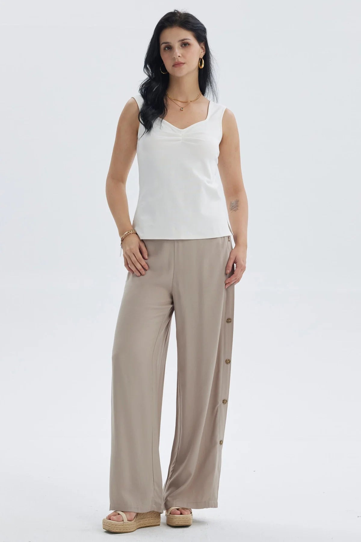 Pantalón Mujer Palazzo Botones Costado Naranjo Oscuro