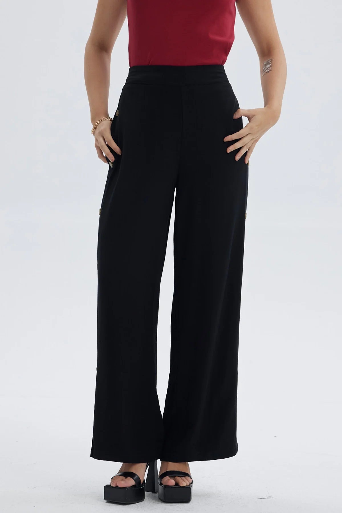 Pantalón Mujer Palazzo Botones Costado Negro