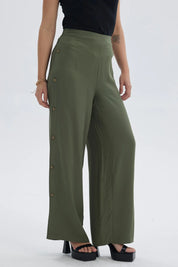 Pantalón Mujer Palazzo Botones Costado Verde Musgo
