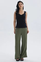Pantalón Mujer Palazzo Botones Costado Verde Musgo