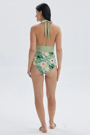 Traje de baño entero verde con estampado floral tropical en la parte inferior