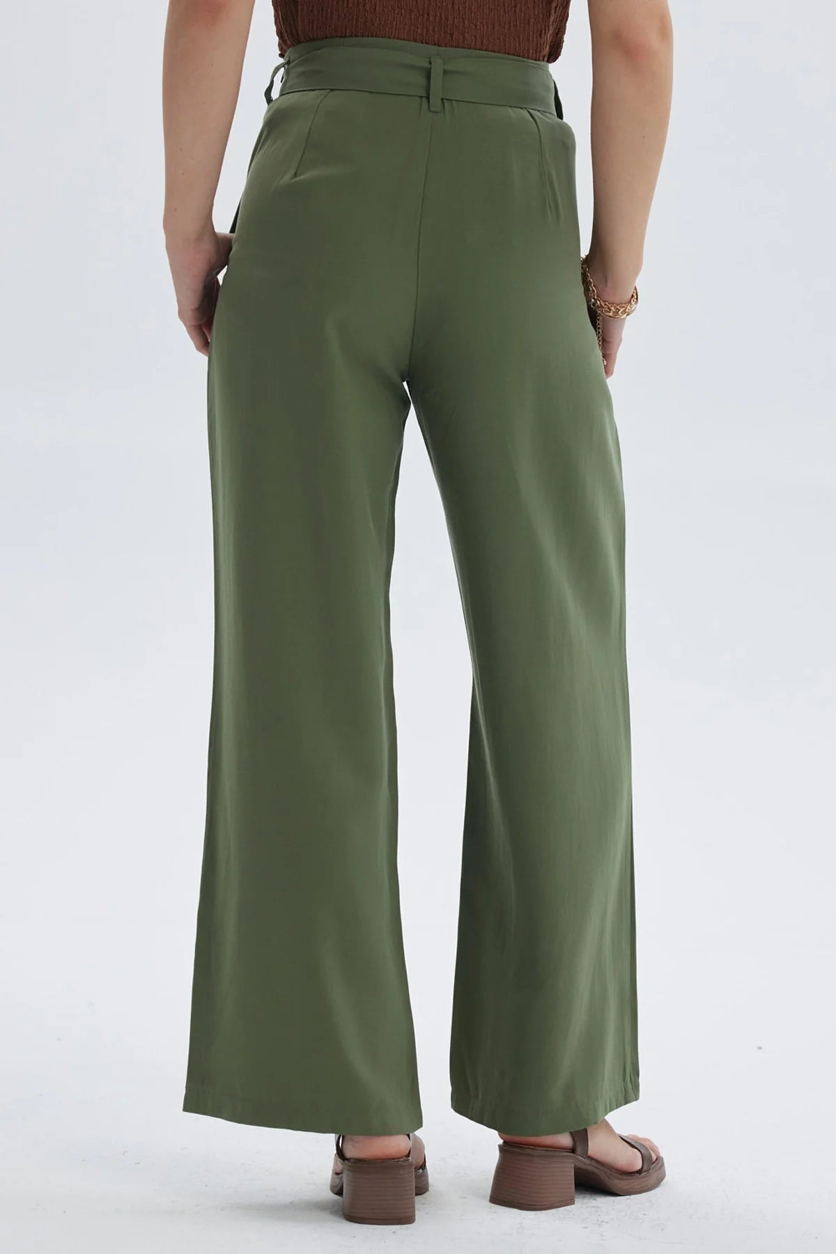 Pantalón Mujer Sastrero Con Cinturón Verde Musgo