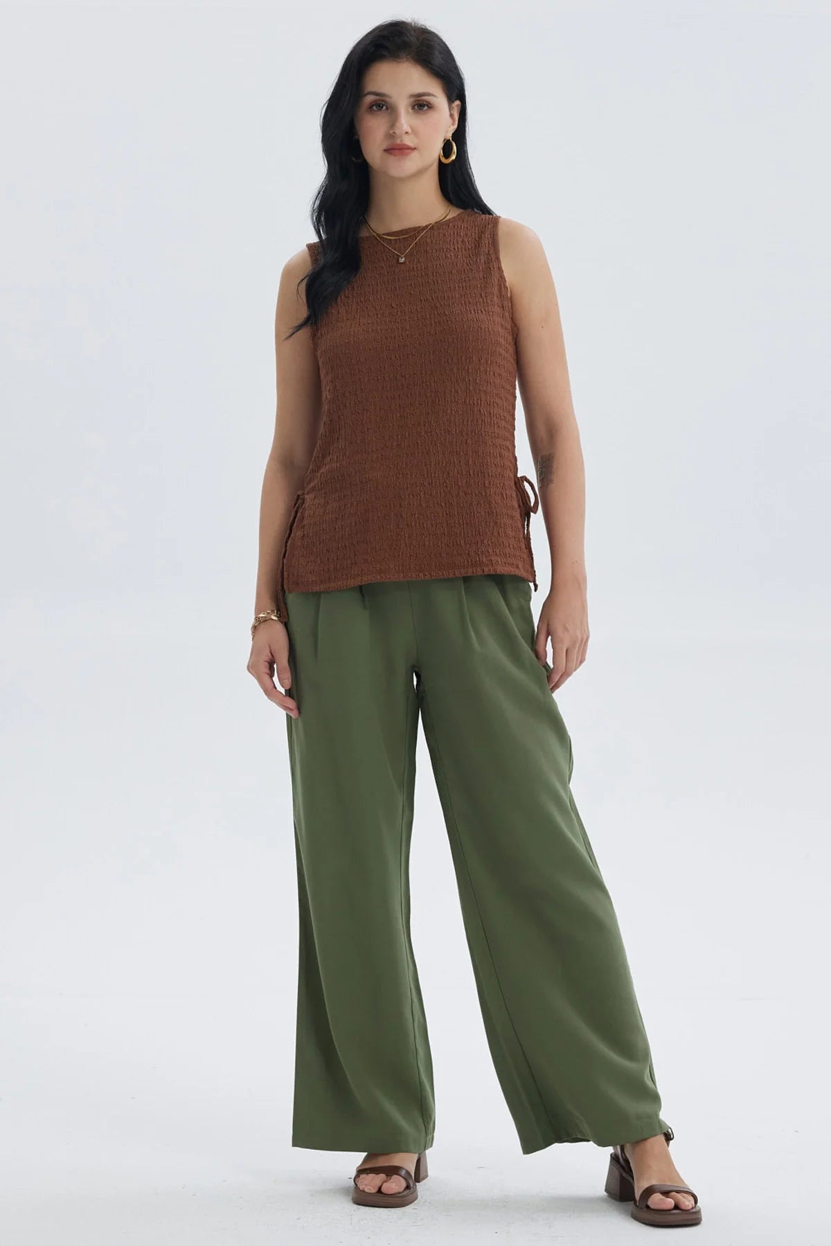 Pantalón Mujer Sastrero Con Cinturón Verde Musgo