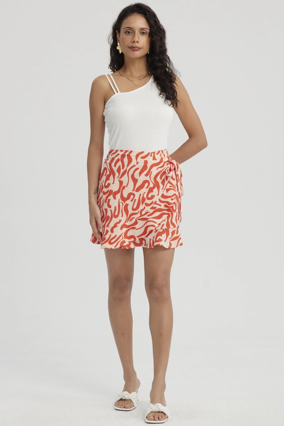 Falda Mujer Cruzada Costado Con Lazo Naranjo