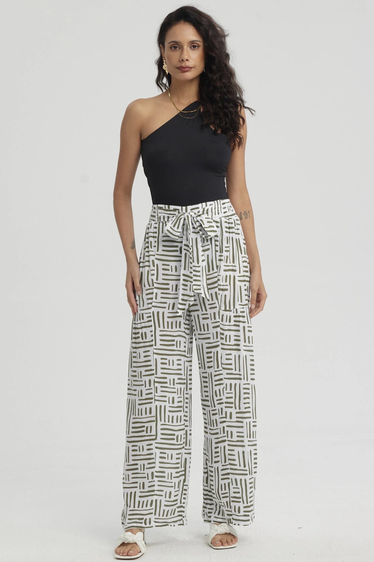 Pantalón Mujer Palazzo Pretina Elástica Verde Musgo