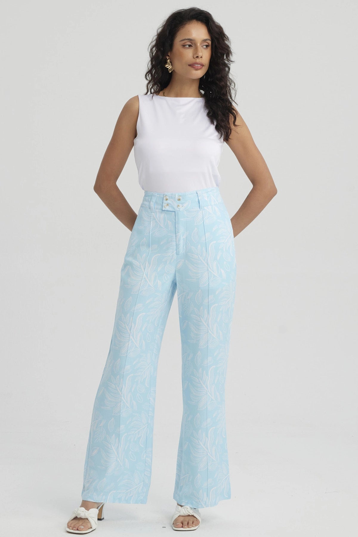 Pantalón Mujer Palazzo Pretina Ancha Aqua