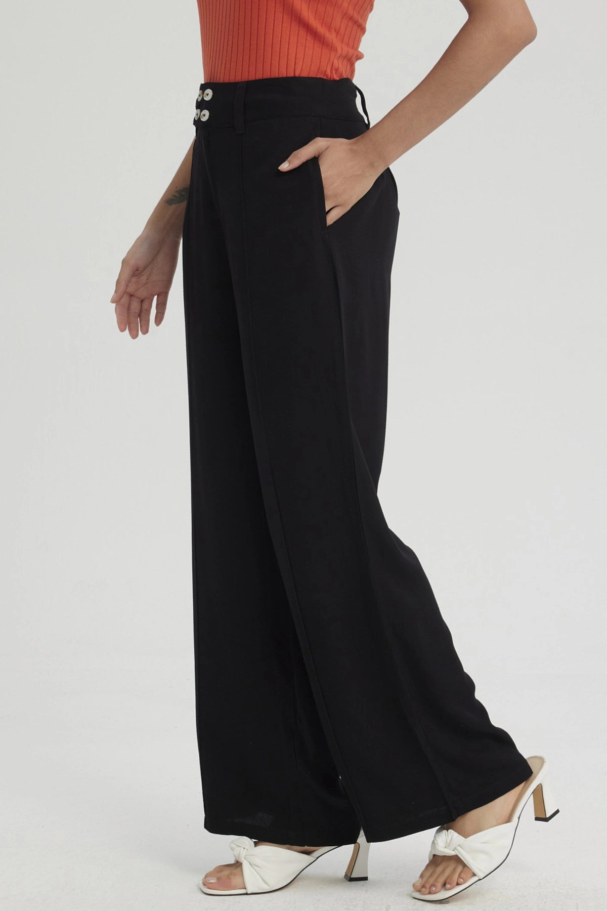 Pantalón Mujer Palazzo Pretina Ancha Negro