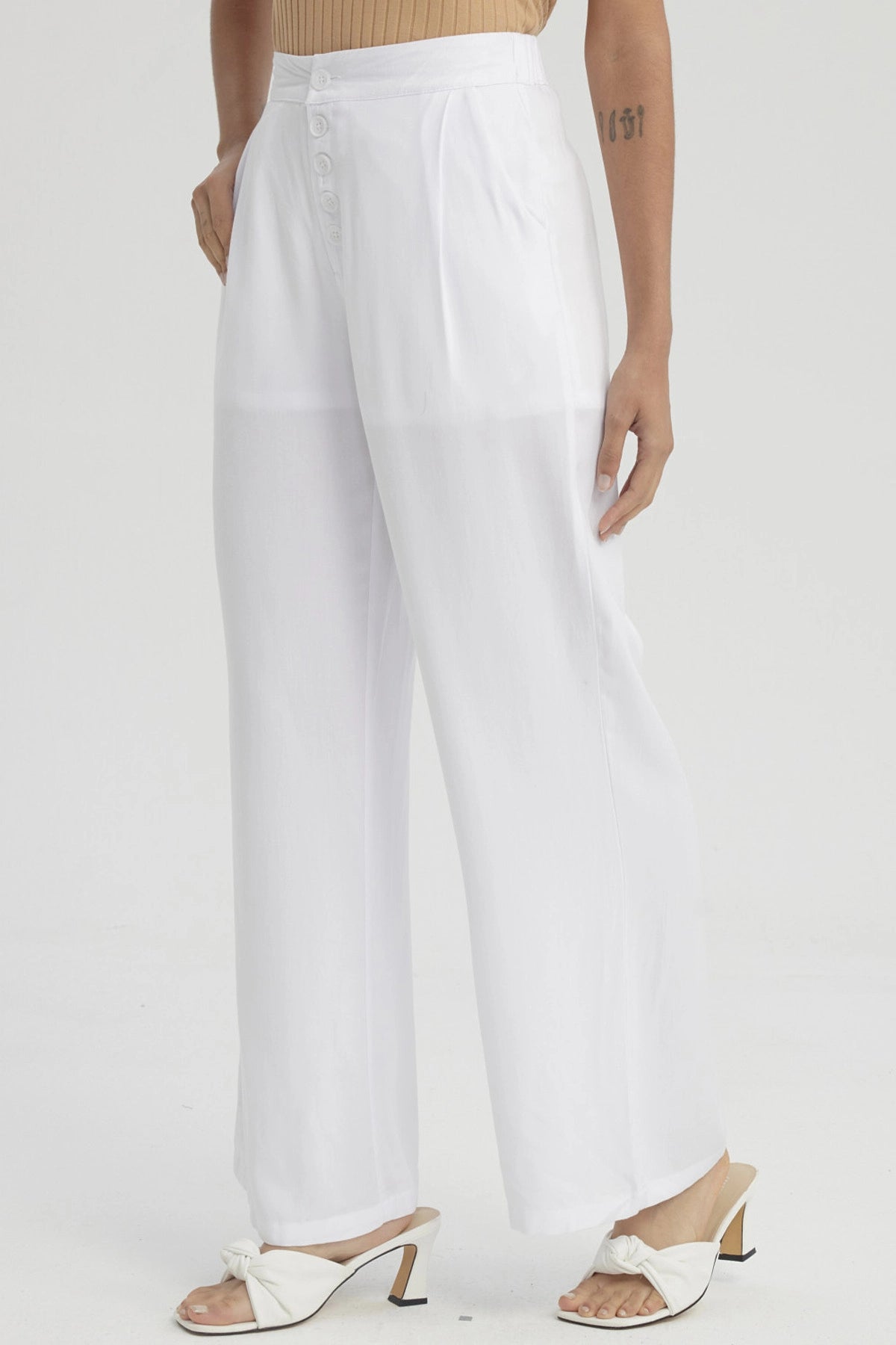 Pantalón Mujer Sastrero Botones Decorativo Blanco