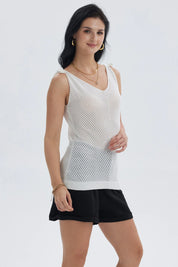 Polera mujer blanco con diseño de nudo en tirantes y patrón de líneas