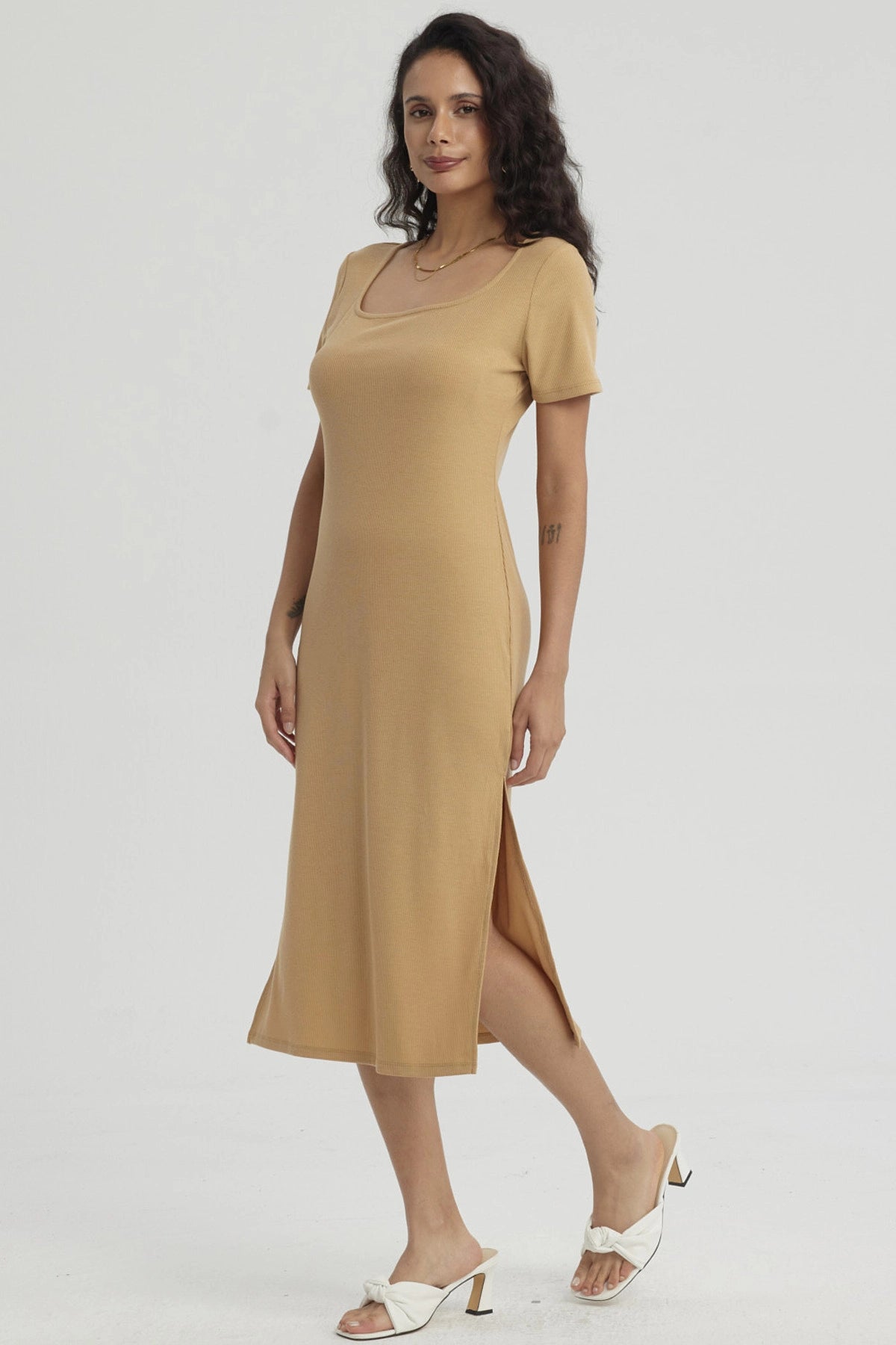 Vestido Mujer Largo Escote Cuadrado Camel