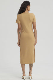 Vestido Mujer Largo Escote Cuadrado Camel
