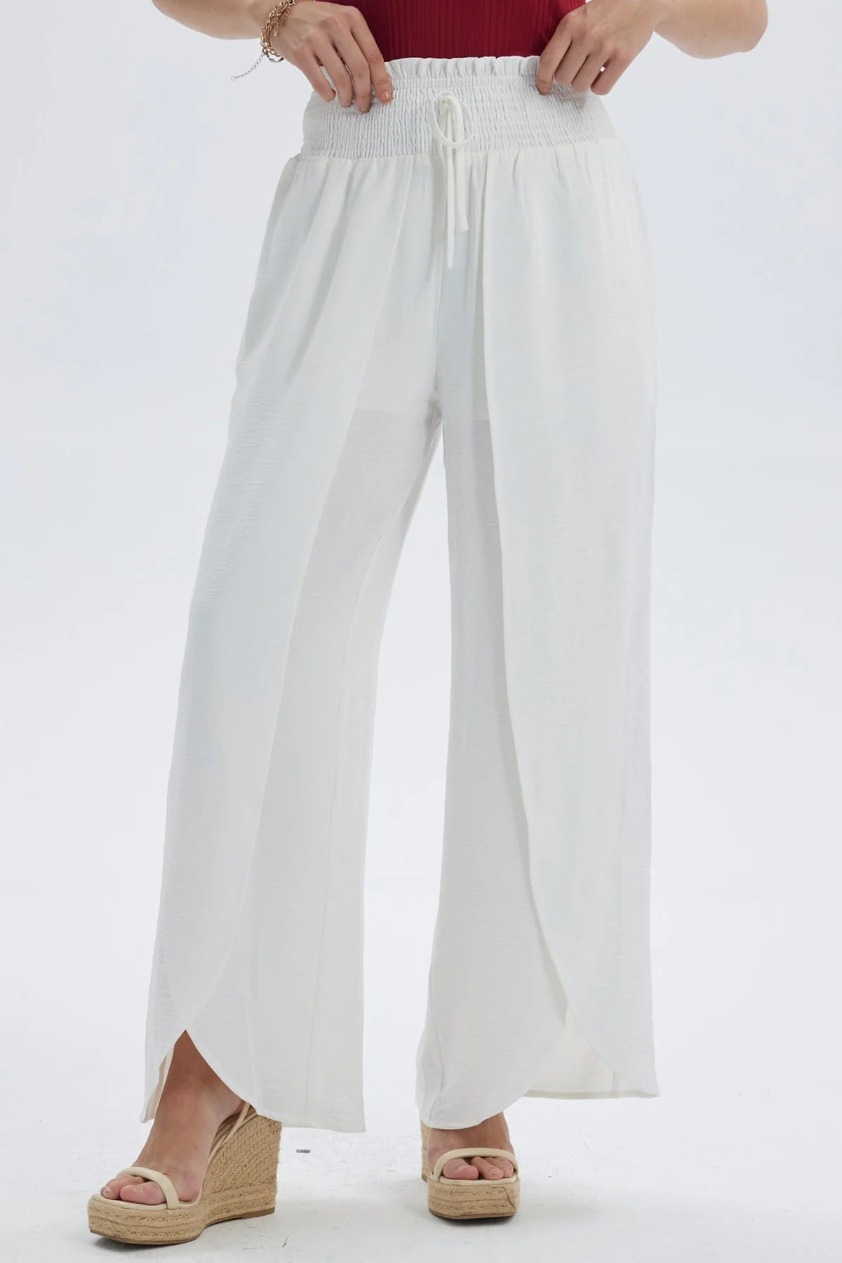 Pantalón Mujer Palazzo Pretina Ancha Crudo
