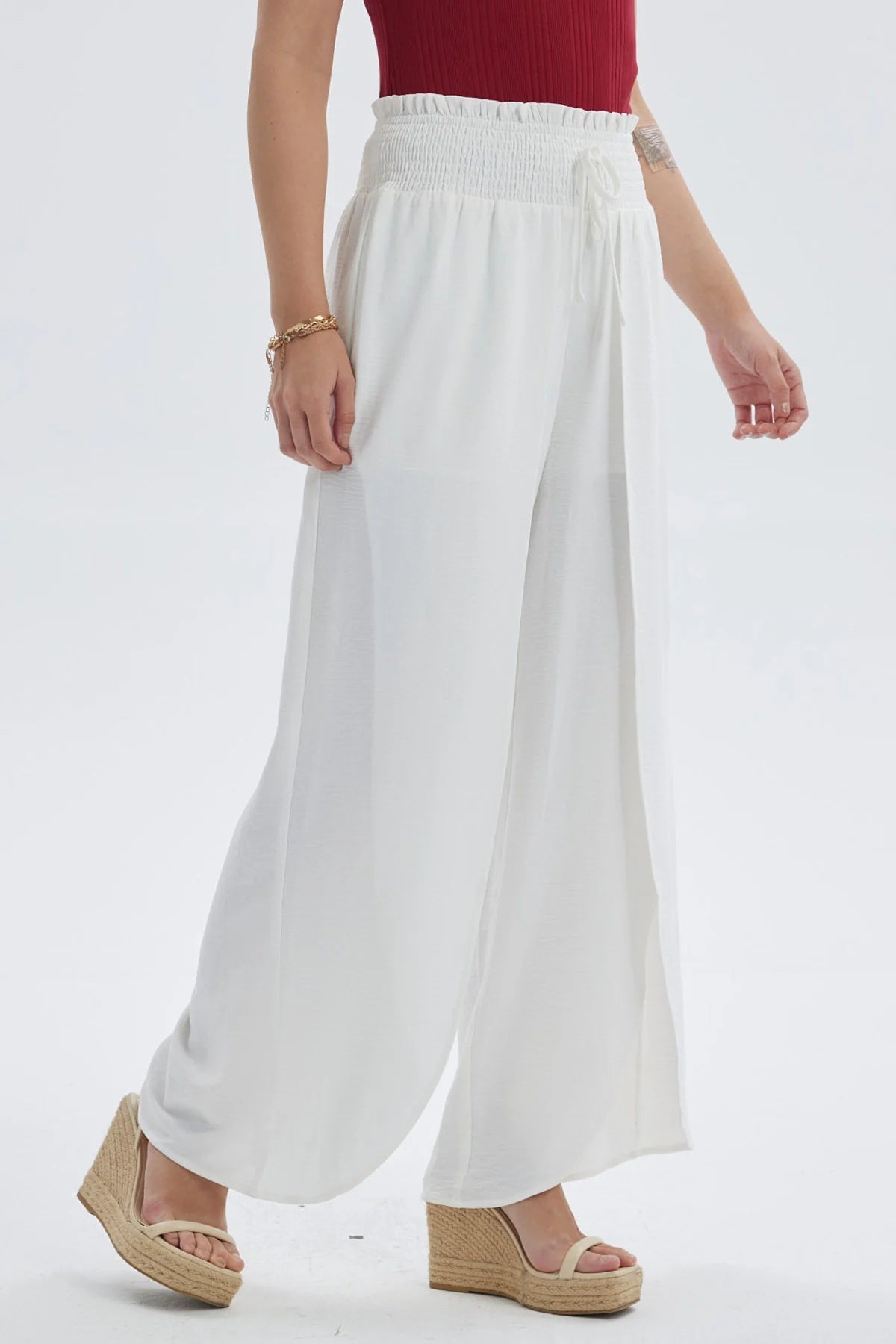 Pantalón Mujer Palazzo Pretina Ancha Crudo