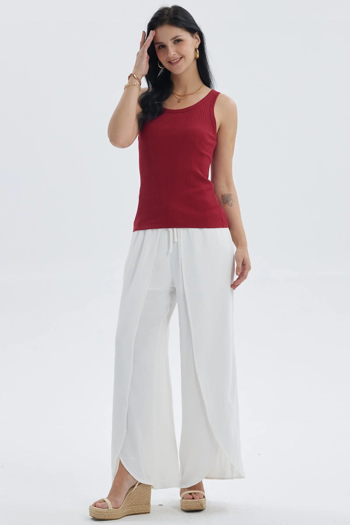 Pantalón Mujer Palazzo Pretina Ancha Crudo