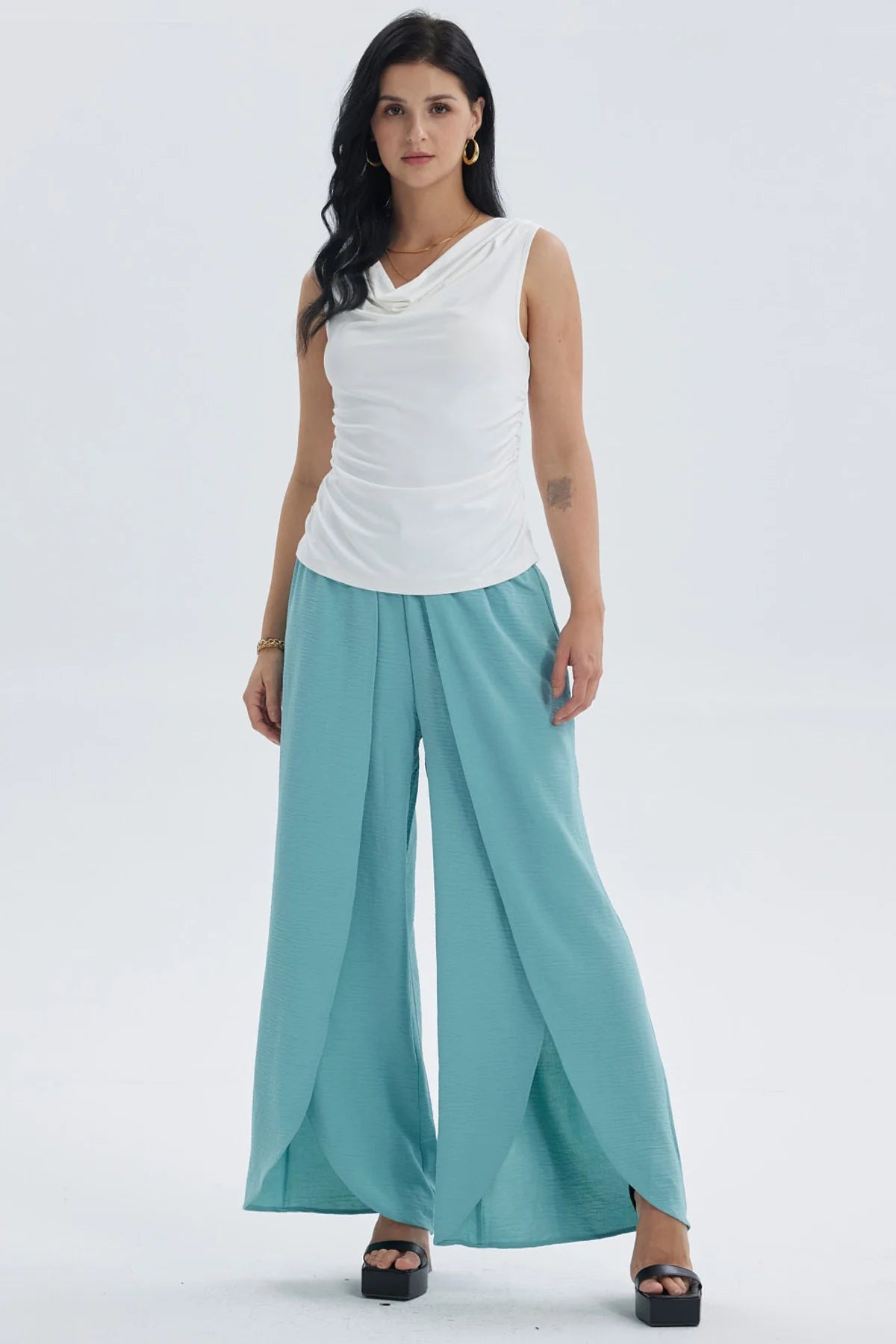 Pantalón Mujer Palazzo Pretina Ancha Naranjo Oscuro