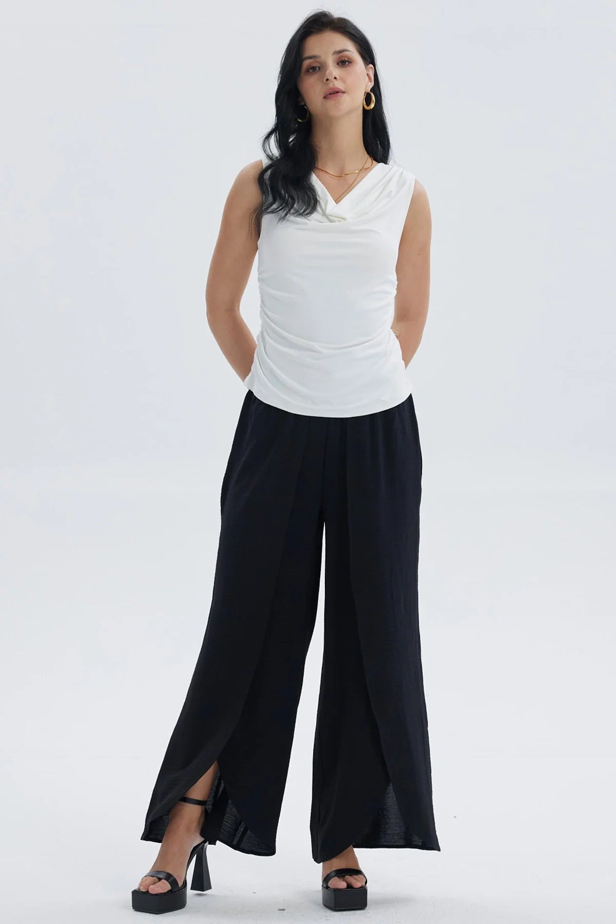 Pantalón Mujer Palazzo Pretina Ancha Negro